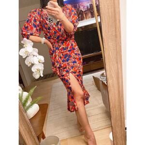 SALONI Red Floral Flame Azalea Olivia Tie-Waist 100% Silk Ruched Ruffles Dress 6